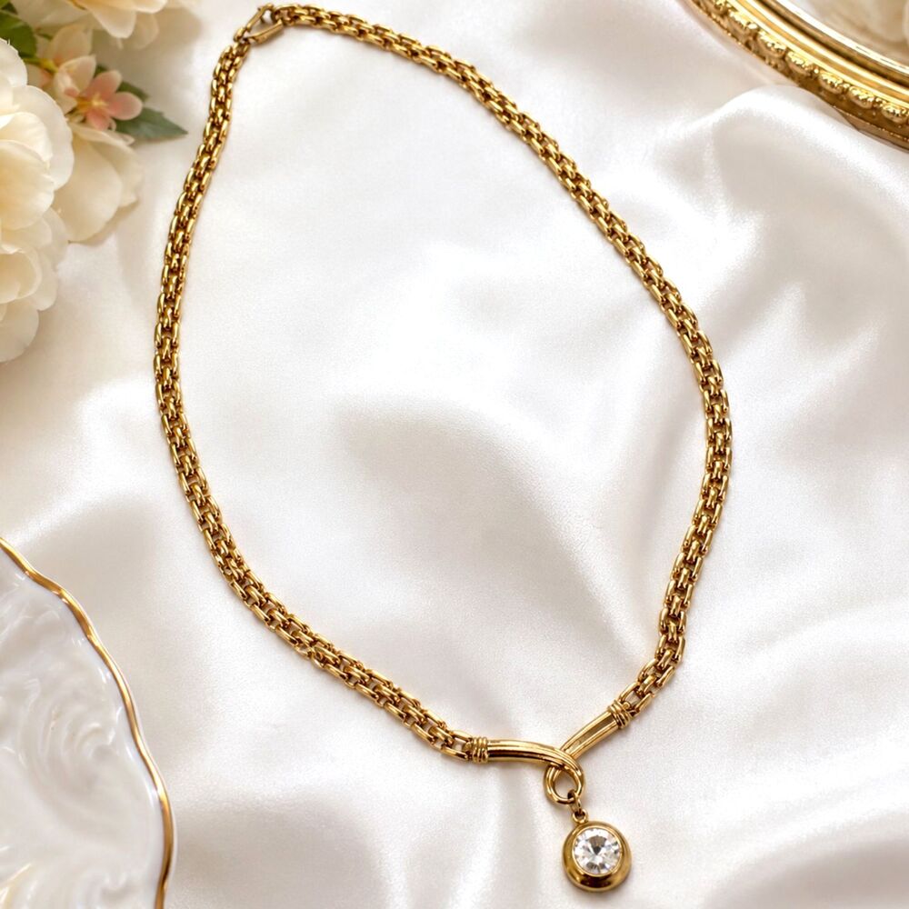 Gold Tone Rhinestone Solitaire Drop Statement Necklace 18 Inch